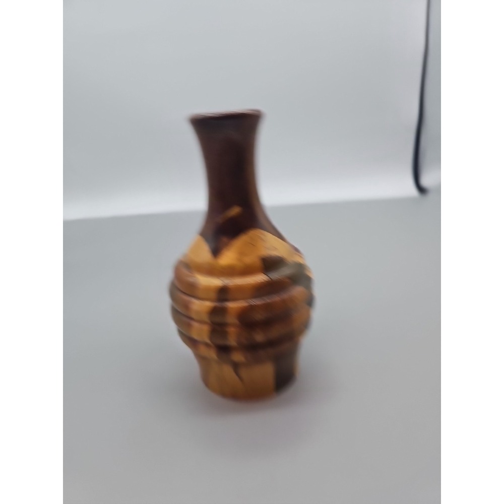 Vintage Turned Wood Vase Inlay Dark Light 6.5" Montego Bay Jamaica Tiki Brown